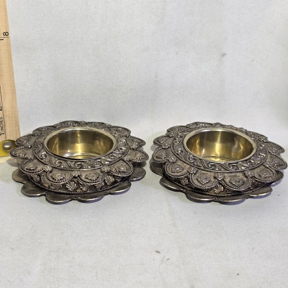 Vintage Set Ornate Silver Toned‎ Candle Holder Trinket Dish Wine Holder Decor